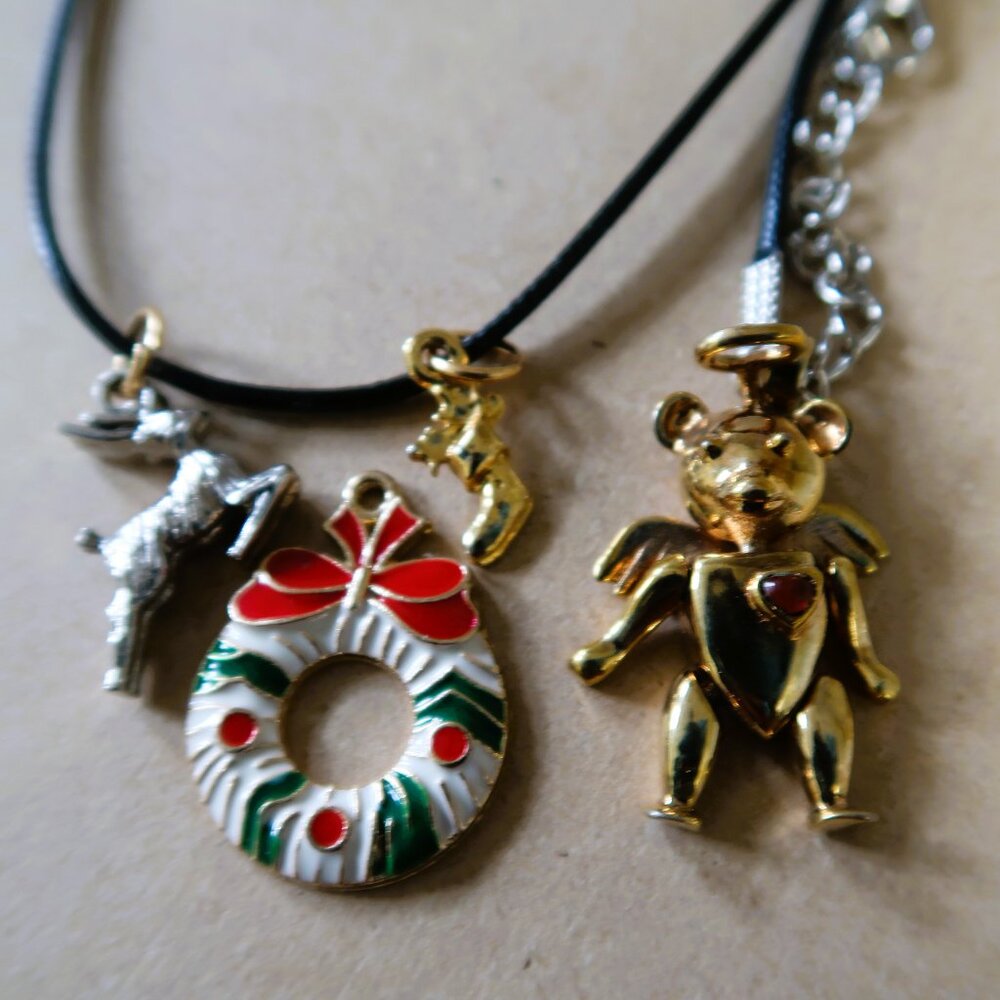 Teddy Bear Angel + Holiday Wreath Pendant Charm Necklace Bundle Gold Silver Tone